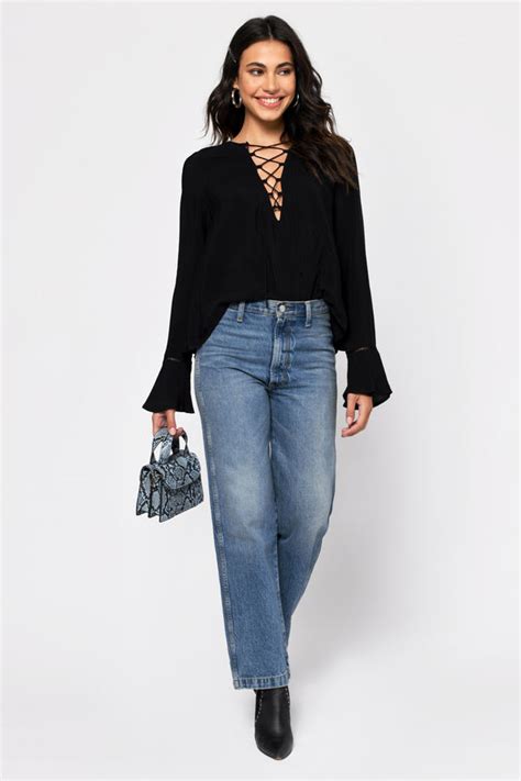Black Blouse Long Sleeve Top Black Cropped Top Front Tie Top