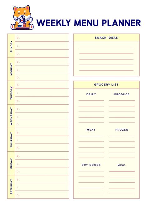 Printable Weekly Meal Planner Template With Snacks Smslopi