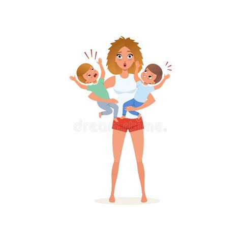 Tired Mother With Crazy Hair And Her Three Kids In Cartoon Style Stock