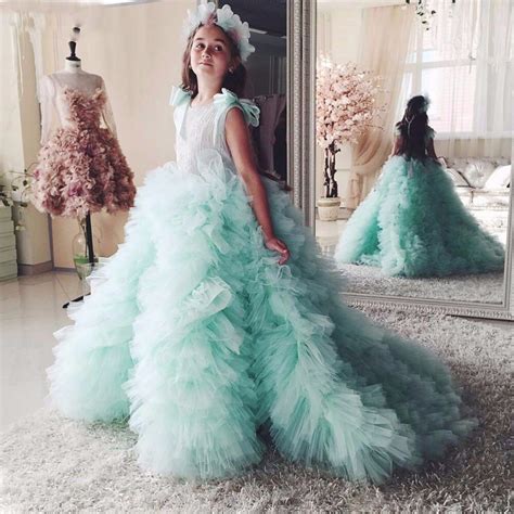 2017 Mint Flower Girl Dress Ruffles Train Kids Wedding Party Gowns 0 12