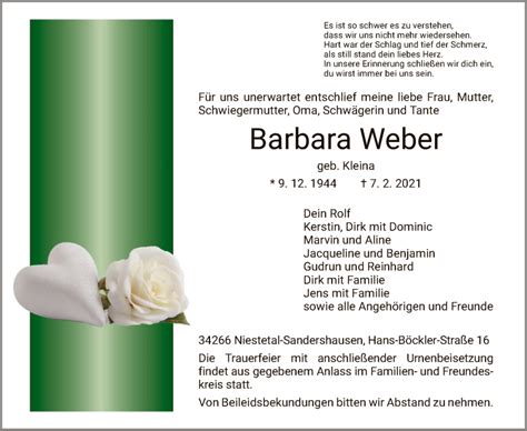 Traueranzeigen Von Barbara Weber Trauerhnade