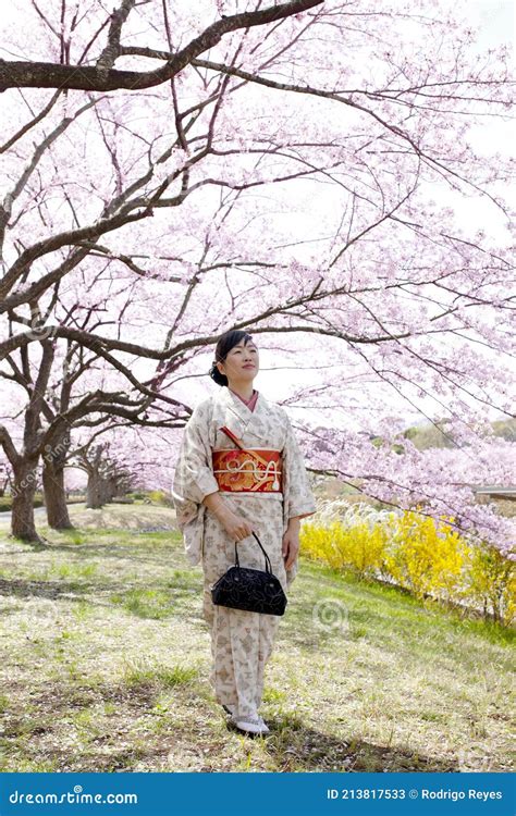 Japanese Woman Wearing Kimono And Cherry Blossoms Stock Image Image