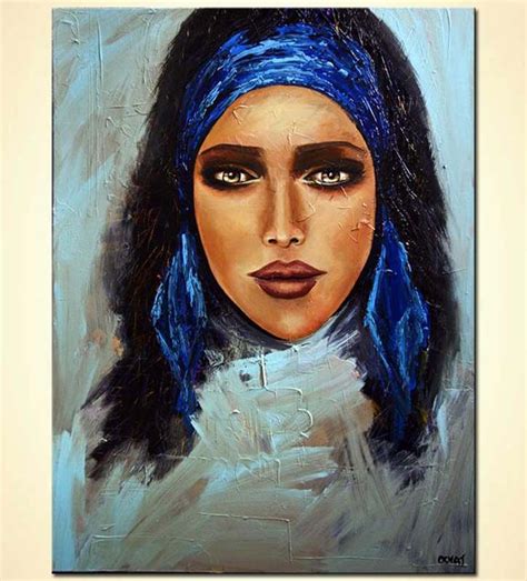 Painting Of Amazingly Beautiful Woman Face With Blue Ribbon Modern