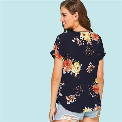 Roll Up Sleeve Floral V Neck Cool Blouse Floral Tops Roll Up Sleeves Clothes For Women