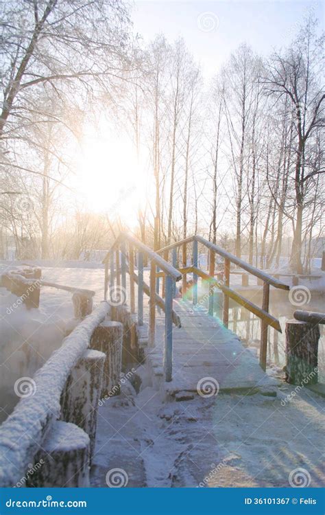 Bridge Over A Lake In A Winter Forest Royalty Free Stock Photography