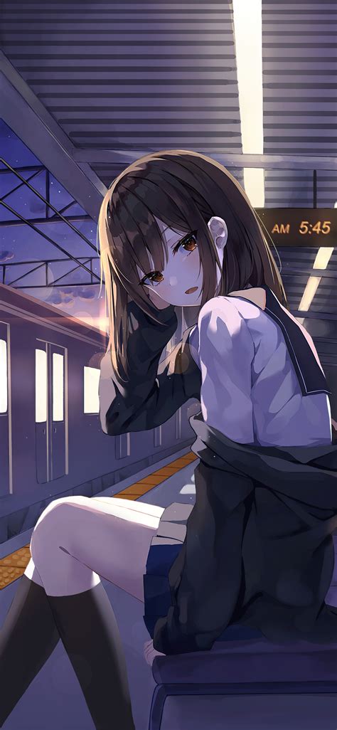 1125x2436 Anime School Girl Sitting In Train Platform 4k Iphone Xs