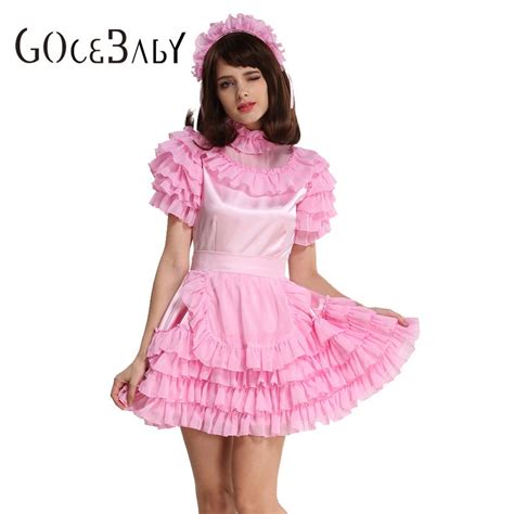 custom made forced sissy girl maid lockable pink satin organza puffy dress uniform cosplay