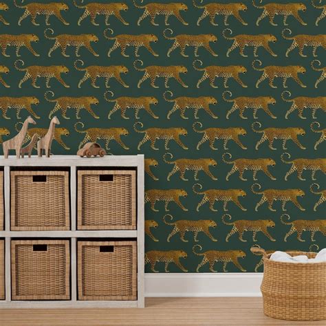 Leopards In Deep Teal Large Wallpaper Peel And Stick Wallpaper