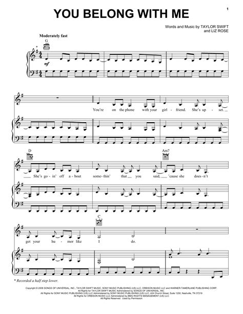 You Belong With Me Sheet Music By Taylor Swift Piano Vocal And Guitar