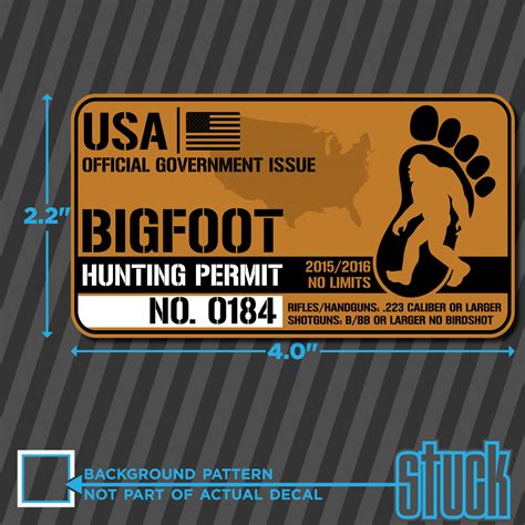 Usa Bigfoot Hunting Permit 40x22 Printed Vinyl Decal Sticker