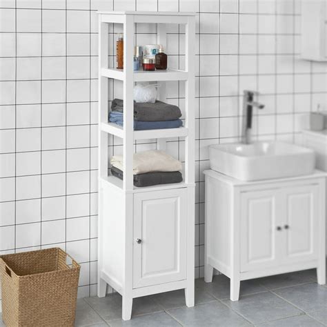 Haotian White Floor Standing Tall Bathroom Storage Cabinet With 3 Shelves And 1doorlinen Tower