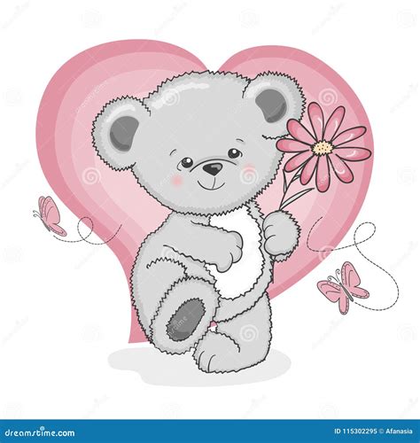 Cute Cartoon Teddy Bear With A Flower Stock Vector Illustration Of