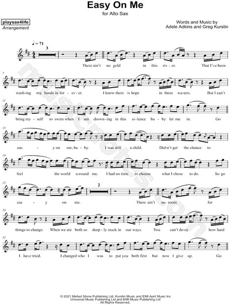 Playsax4life Easy On Me Sheet Music Alto Saxophone Solo In D Major