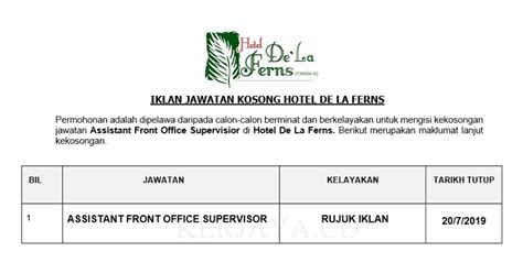 Lebih 59,497 kerja kosong untuk di isi segera! Jawatan Kosong Terkini Hotel De La Ferns ~ Assistant Front ...