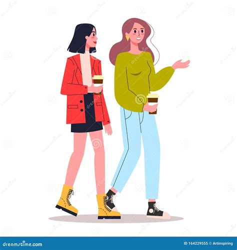 Young Women Walking Together And Talking To Each Other Stock Vector