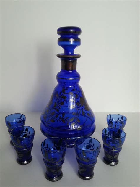 Antique Italian Cobalt Blue Glass Silver Overlay Floral Decanter Shot Glass Set Bottles