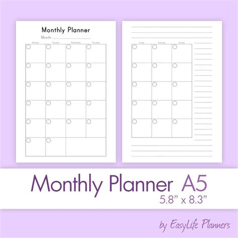 A5 Monthly Planner A5 Planner Inserts Filofax A5 Inserts 583 X 827