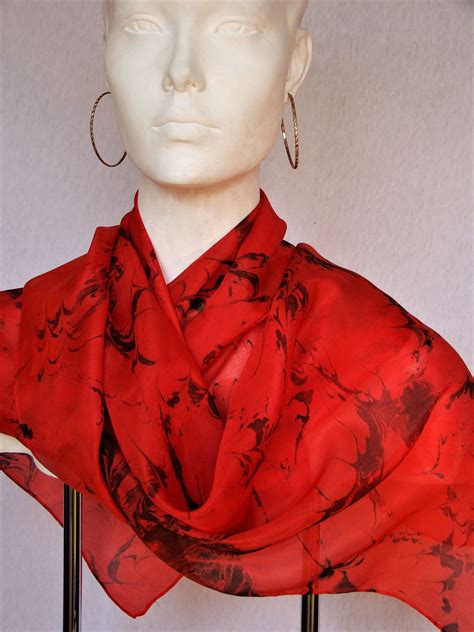 Womens Large Red Silk Scarf Hand Dyed And Marbled With An Abstract