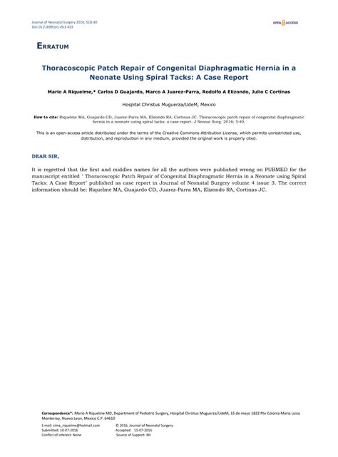 Pdf Thoracoscopic Patch Repair Of Congenital Diaphragmatic Hernia In