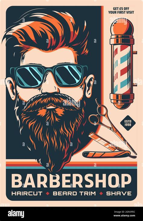 Barbershop Retro Poster With Barber Shop Pole Vector Man With Beard