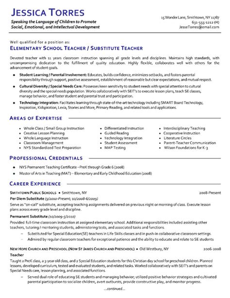 Sample resume for a teacher. Substitute Teacher Resume Example