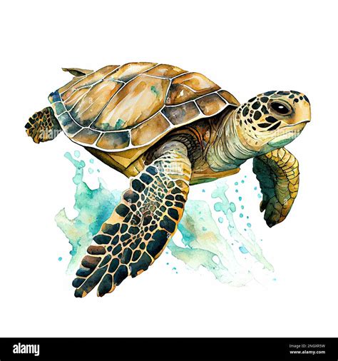 Sea Cute Turtle Watercolor Color Illustration Marine Animals Stock