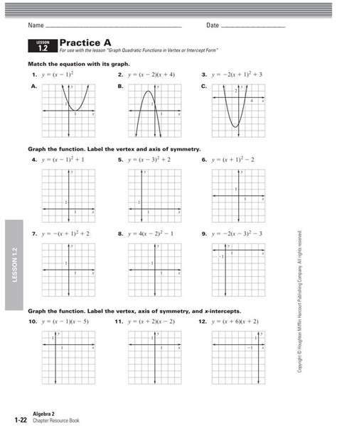 Characteristics Of Quadratic Functions Worksheets