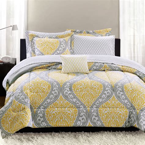 Queen beds provide more space to sleep in comfort at night. Mainstays Yellow Damask 8-Piece Bed in a Bag Bedding Set ...
