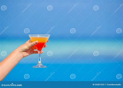 Woman Holding Cocktail On Tropical Beach Stock Image Image Of Blue Alcohol 54381533