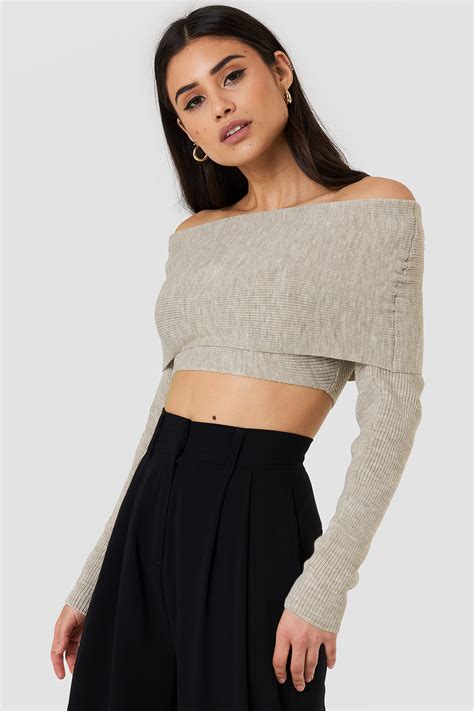 Cropped Folded Knitted Sweater Beige Melange Na
