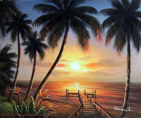 Painting Hawaii Tahiti Beach Sunset Sand Pier Dock Bird Of Paradise