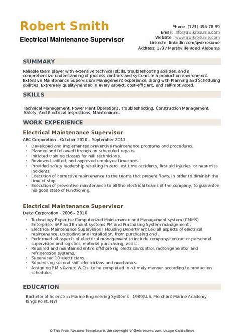 Electrical Maintenance Supervisor Resume Samples Qwikresume