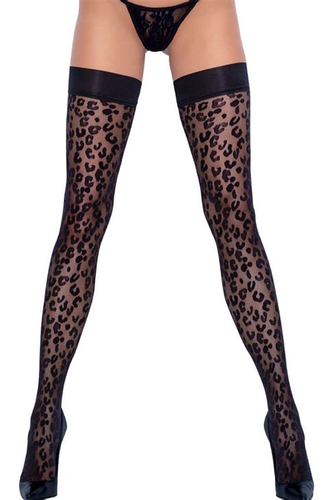 Sexy Black Leopard Thigh High Stockings With Silicone Top