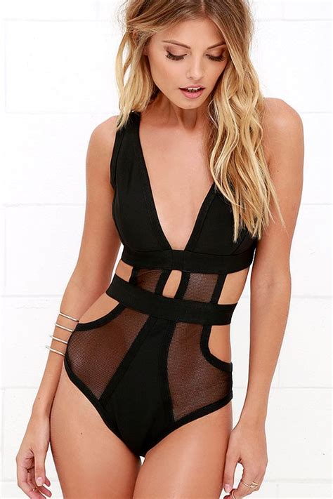 sexy black one piece mesh swimsuit bandage swimsuit 59 00 lulus