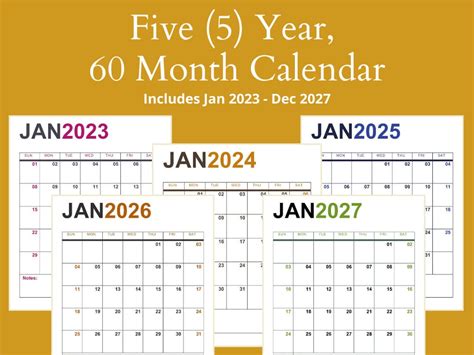 Printable Calendar 5 Years 2023 2027 Calendar 60 Month Calendar Digital