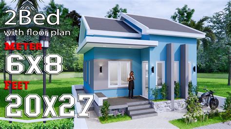 Small House Plans 6x8 Meter 20x27 Feet 2 Bedrooms Gable Roof Full Plans