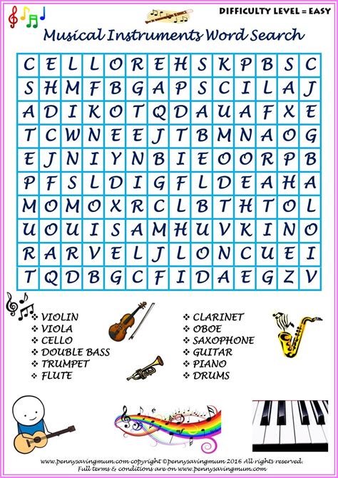 Musical Instruments Word Searches Easy And Hard Versions With Answers