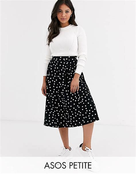 Asos Design Petite Midi Skirt With Box Pleat In Polka Dot Print Asos