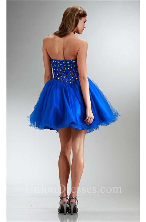 Tutu Strapless Short Royal Blue Tulle Beaded Cocktail Prom Dress