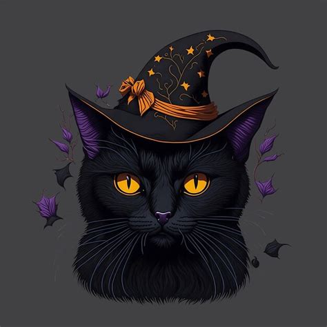 Premium Ai Image Halloween Black Cat In Witch Hat Vector Illustration