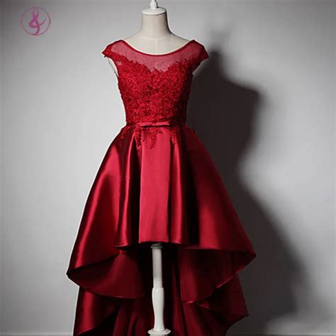 Mq003 Long Back Short Front Dress Red Satin A Line O Neck Corset Back Appliqued Lace Elegant