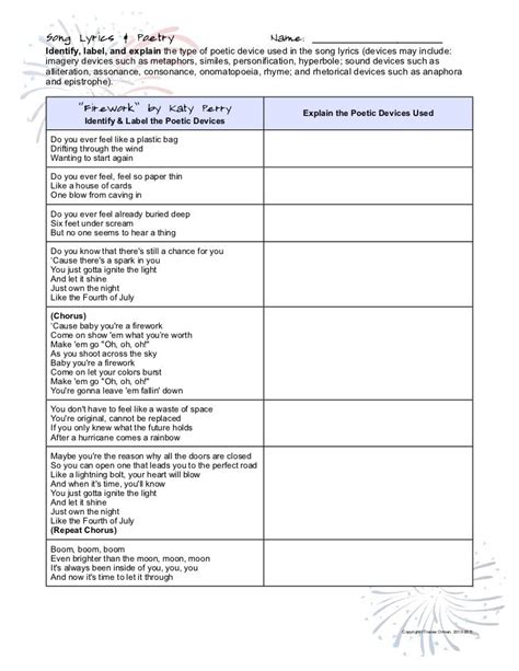 Identifying Poetic Devices Worksheet 1 Answers