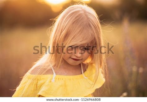 Beautiful Little Girl Blonde Hair Sunset Stock Photo 1126966808