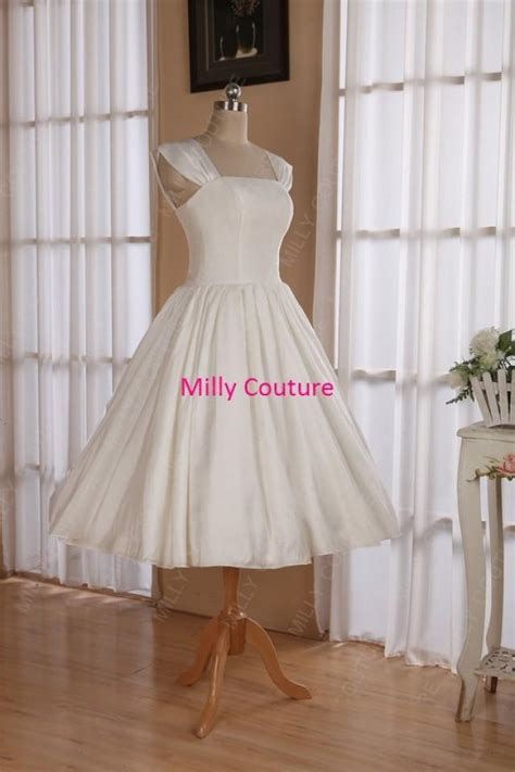 Cap Sleeves 1950s Pin Up Wedding Dress Tea Length Retro Style Wedding