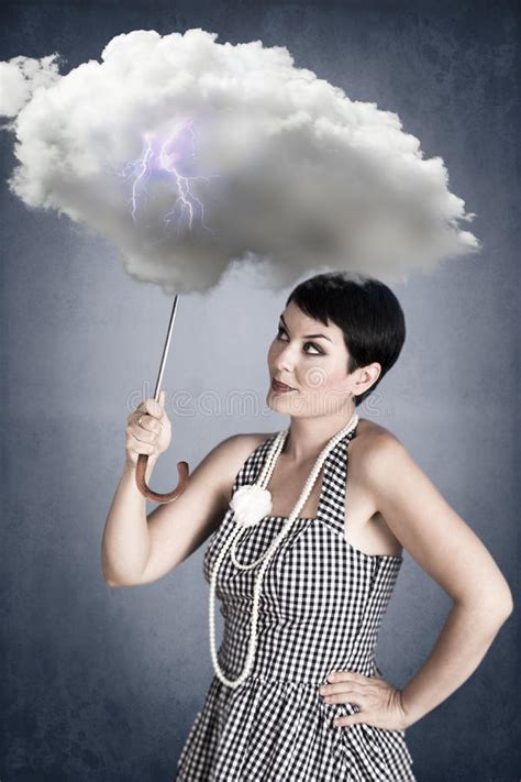 Pin Up Girl With Cloud Umbrella Under Storm Stock Image Image Of Girl