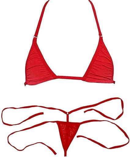 Moonasy Womens Sex Sheer Extreme Micro Bikini 2 Pieces G String Lingerie Set Red