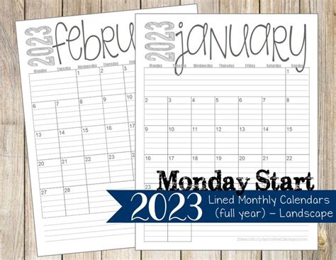 2023 Monday Start Lined Monthly Calendars 85x11 Portrait Jan Dec