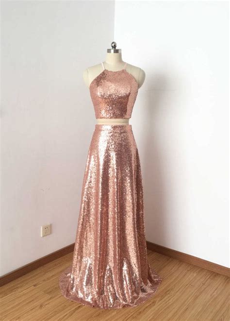 Two Piece Rose Gold Sequin Long Prom Dress Etsy In 2022 Rose Gold