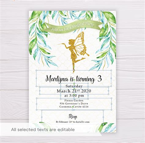 Gold Fairy Invitation Template With Watercolor Leaves