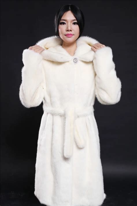 Genuine Mink Coat Fur Natural White Mink Fur Coat 90cm With Big Hood Fashionable With A Belt